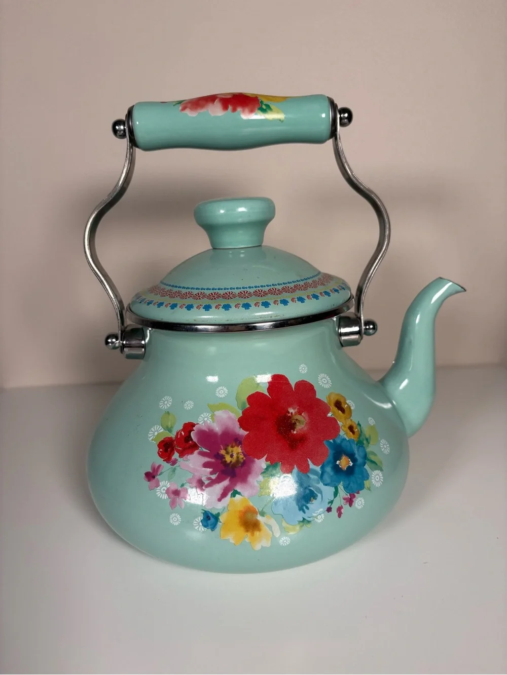 Mint Floral Enamel Tea Kettle with Decorative Handle